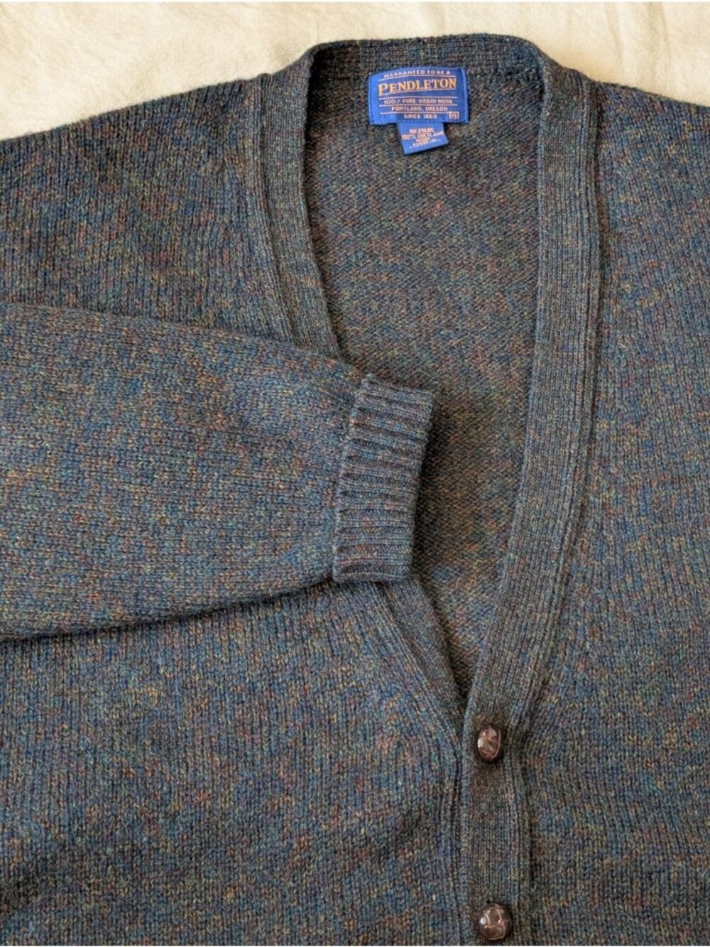 Pendleton Mens Shetland Wool Dark Tone Fleck Knit Leather Button Cardigan Sz XL